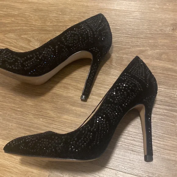 Zara Basic Black Velvet & Sparkle Pointed Toe Pumps - Picture 3 of 7